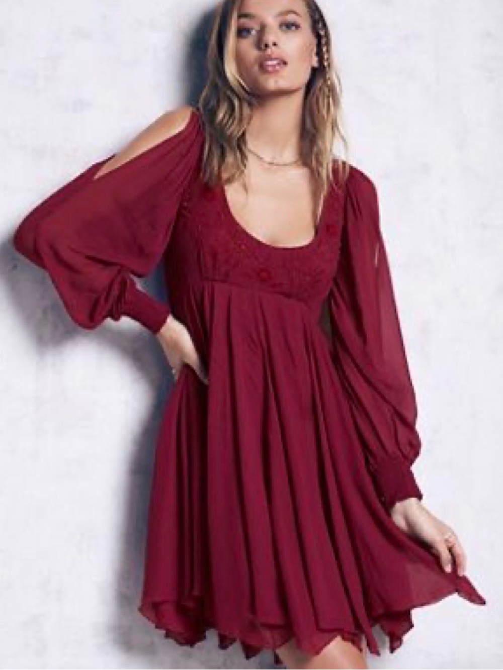 Free People Tatiana Swing Dress Magenta Long Sleeve Flowy Boho Mini Babydoll XS